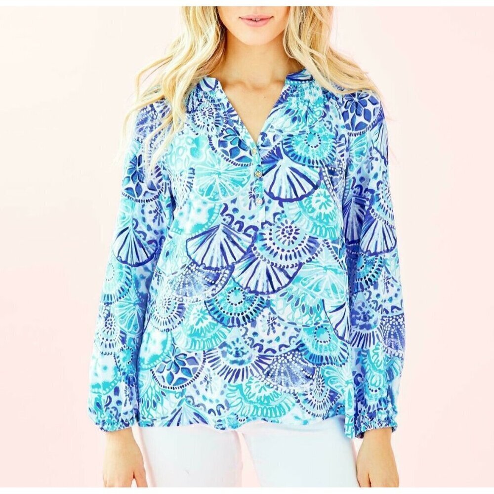 Lilly Pulitzer 100% Silk Elsa Top Blue Oasis Shells Nautica Blouse Shirt Size XS